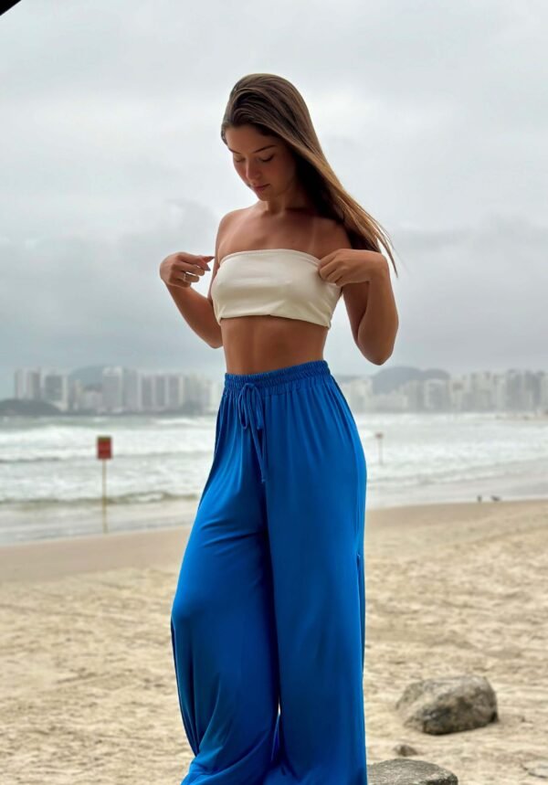 Calça Pantalona com Fenda Azul - Image 4